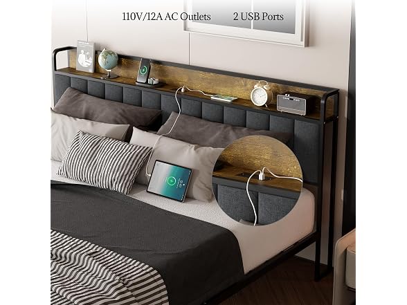 GAOMON King Bed, Storage Headboard, Grey