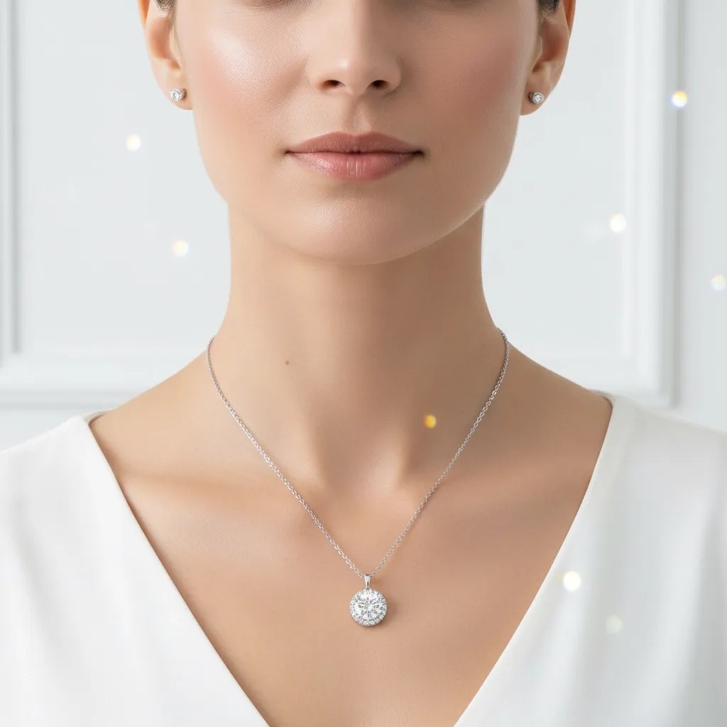 Moissanite Diamond Round Halo Necklace - Gallery 10