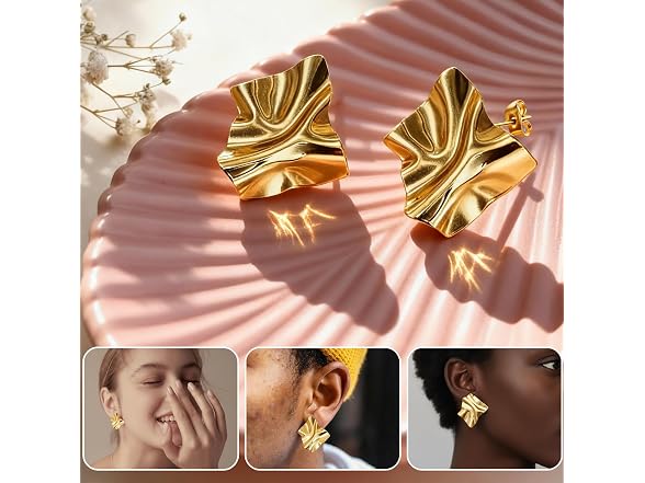 Chunky Gold Stud Earrings for Women fashion, 14k G
