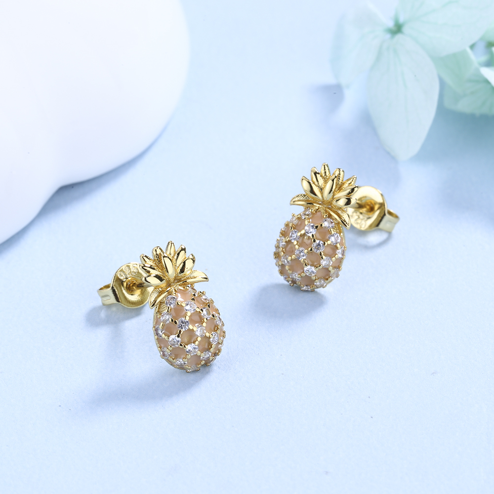 18K Gold Plated Pineapple Crystal Studs - Gallery 4