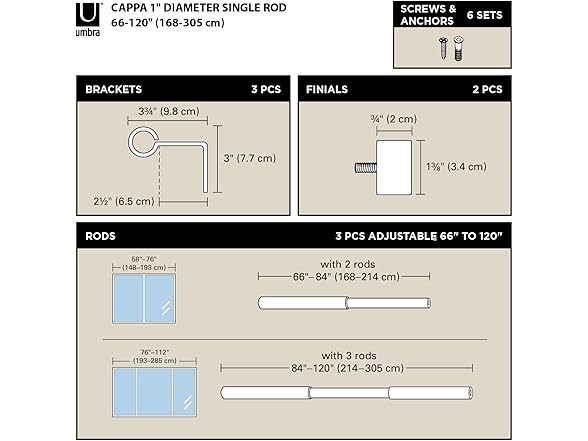 Umbra Cappa Curtain Rod, 66 to 120 Inches