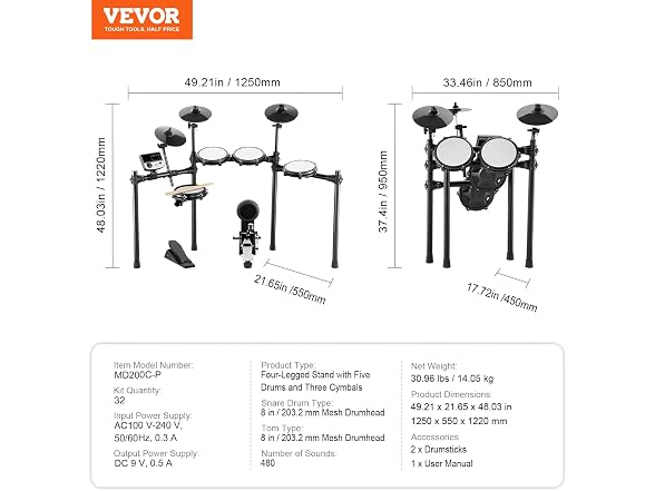 Electronic Drum Set with Quiet Mesh