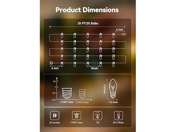 Brightown Minetom C9 Clear Christmas String Lights, 25FT