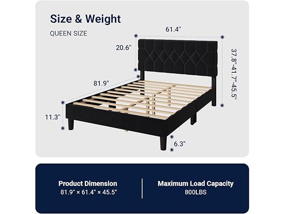 Avenco Queen Size Bed Frame, Upholstered Platform Bed Frame