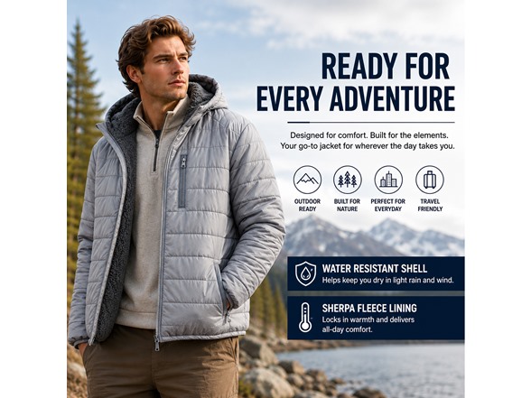 Mens Sherpa-Lined Hooded Puffer Jacket