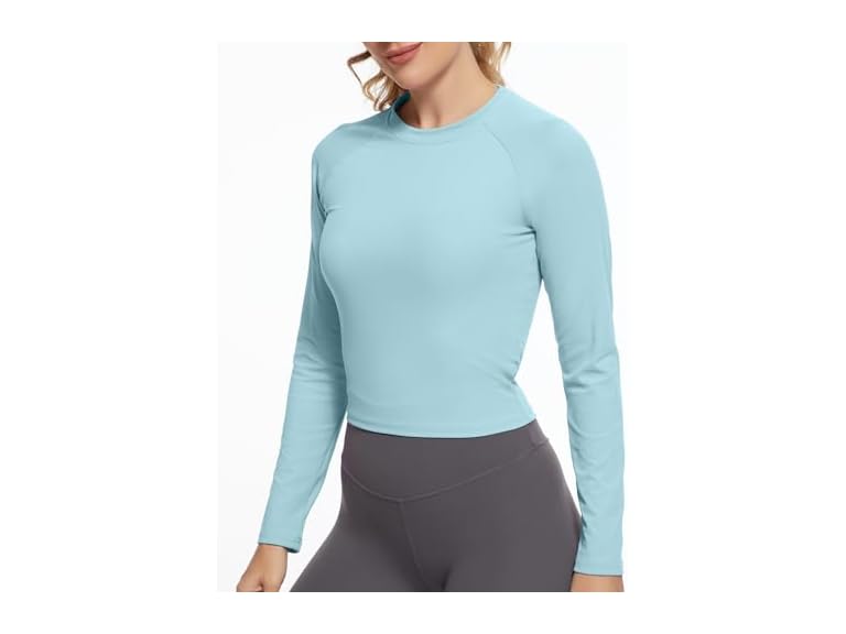 GGOV Womens Long Sleeve Crop Workout Tops Yoga Cropped Top Gym Shirts Athletic Clothes Slim Fit Blue