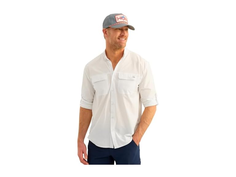 HUK Men's Standard Next Level Solid Long Sleeve Fishing Button Down Shirt, White