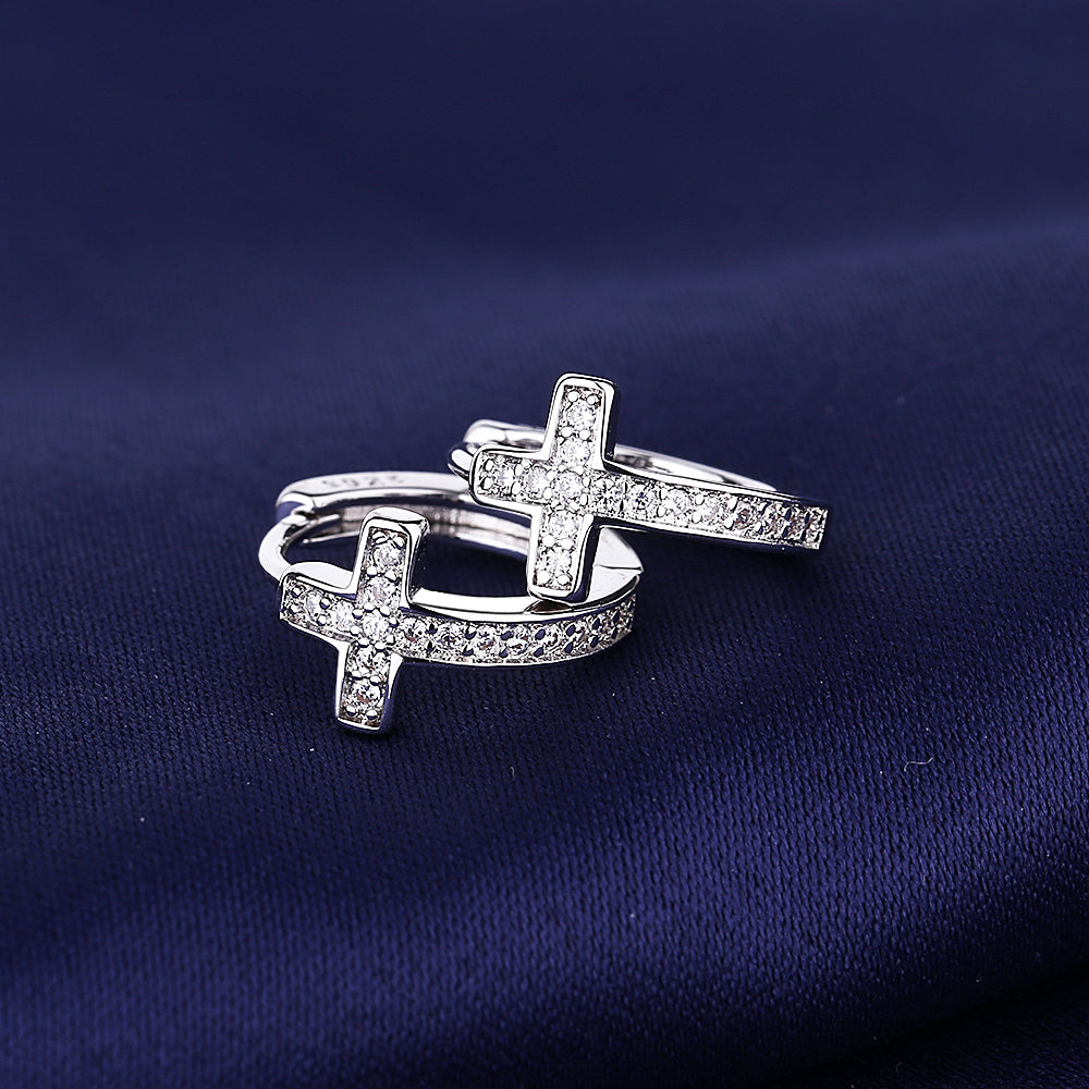 White Gold Plated Cross Huggie Earring - Gallery 8