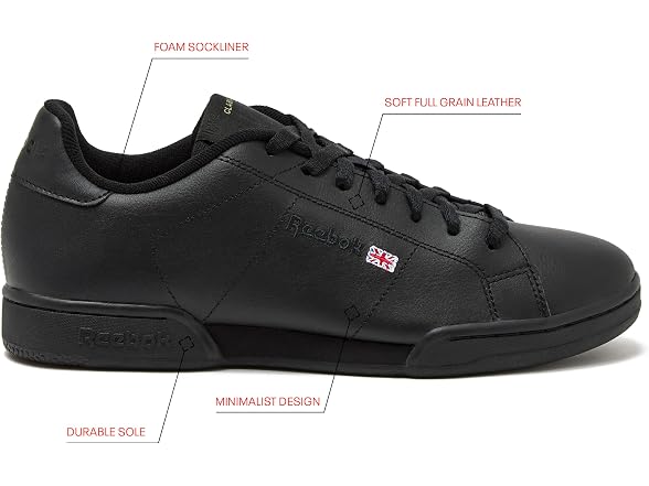 Reebok NPC II Sneakers for Men, Casual Tennis Mens Shoes, Black, 9.5