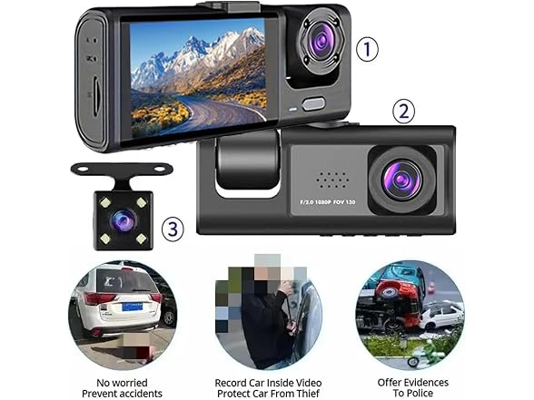 JHXLETU APP-Auto-135 1080P 3-Channel Dash Cam Front