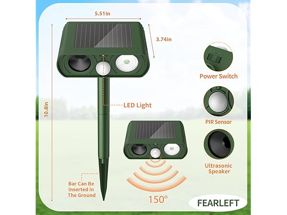 FEARLEFT Solar Ultrasonic Animal Repellent