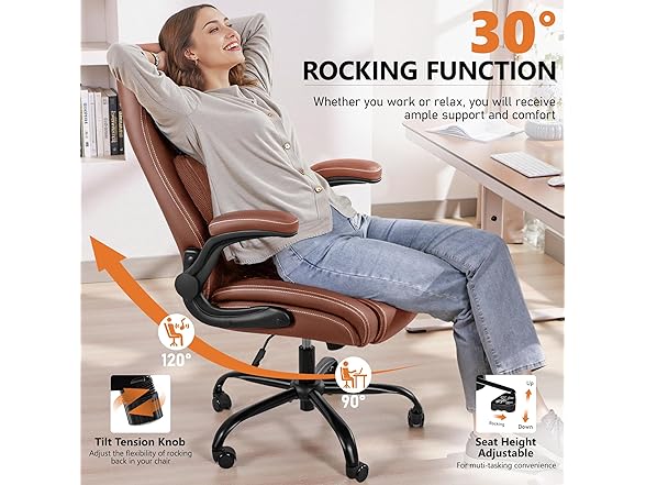 Office Chair, Ergonomic Desk Chair with Lumbar Support for Lower Back Pain Relief, Executive Leather Chair with Padded Flip-up Armrests and Wheels, Brown (Open Box)