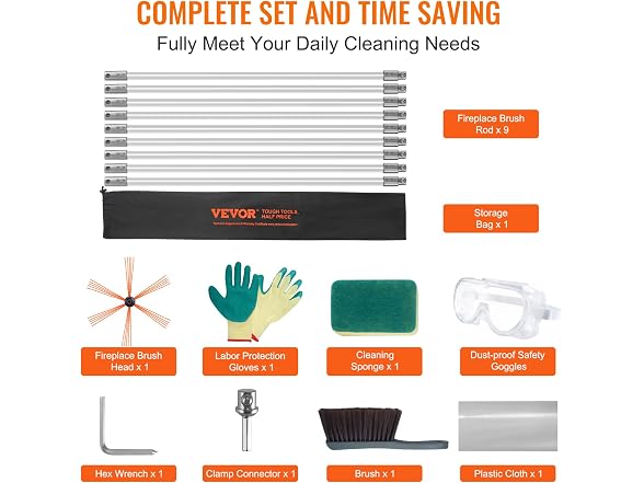 30 Feet Chimney Sweep Kit, w/ 9 Reinforced Nylon