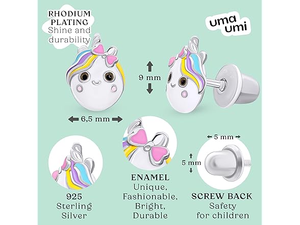 UmaUmi 925 Unicorn Face Studs Girls