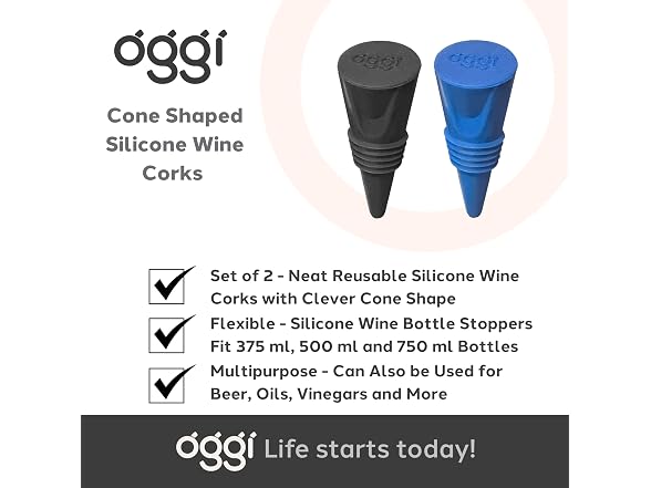 OGGI Cone Shaped Silicone Wine Corks, 2 pcs