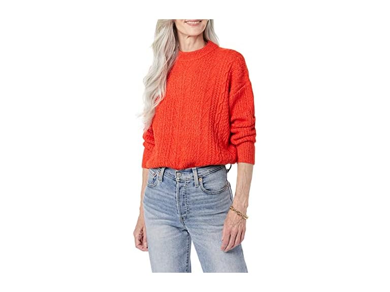 Amazon Essentials Women's Cable Knit Sweater, Soft-Touch Modern Crewneck, Poppy Red, XX-Large, Plus Size Available