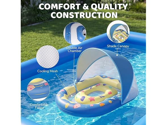 JUNLLY Baby Pool Float with Canopy, Blue