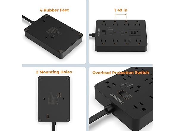 TESSAN 10ft Power Strip (10 Outlets, 3 USB)