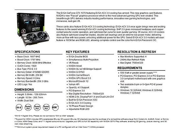 EVGA GeForce GTX 1070 FTW Graphics Card