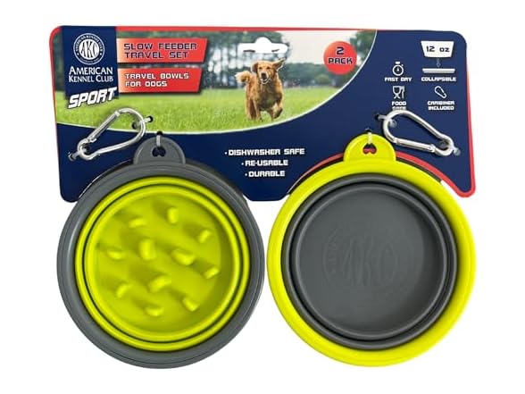 AKC 2-Pack Collapsible Travel Bowls for Dogs- Gray/Green