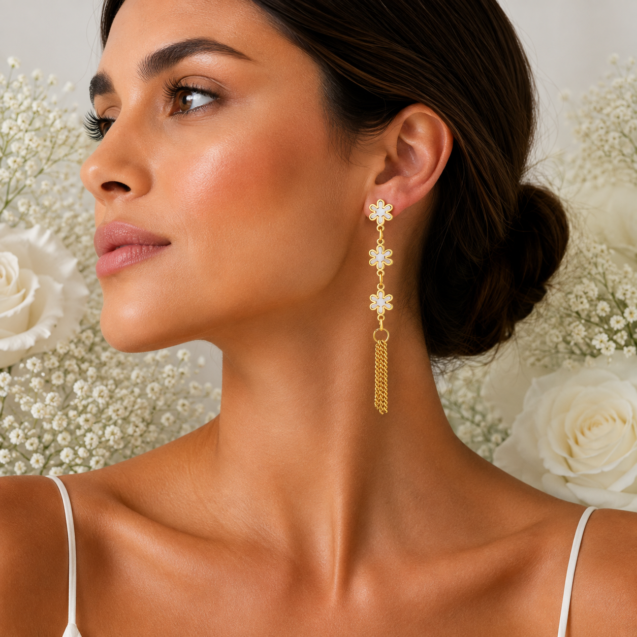 18K Gold Open Flower Tassel Earrings - Gallery 6