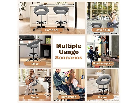 BESTFAIR Drafting Chair for Standing Desk, Height Adjustable Rolling Stool with Backrest & Footrest, Tall 360° Swivel PU Leather Stool Chair with Wheels for Office, Gray (Open Box)