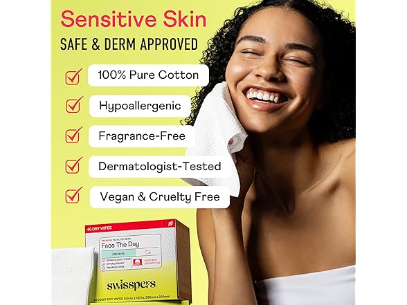 Swisspers Premium 100% Cotton Dry Facial Wipes - 40 Count