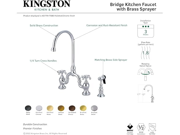 Kingston KS7793TXBS Bridge Kitchen Faucet w Sprayer