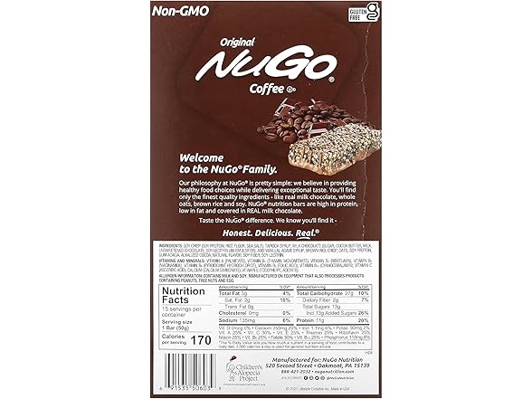 NuGo Protein Bar, Coffee, 11g Protein, 15 Count