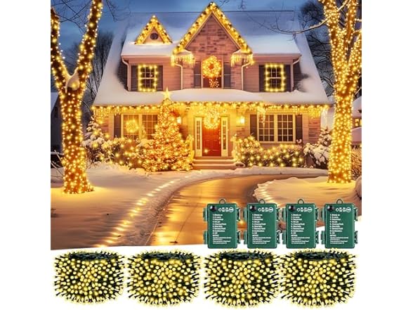 Brightown Christmas Lights Battery Operated, 4 Pack 66 FT