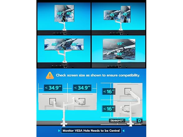 ARES WING 17" to 49" White Stacked Dual Monitor Arm 