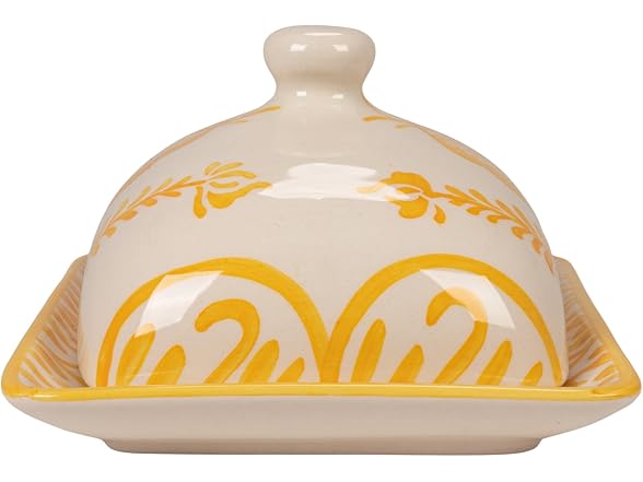 Creative Co-Op Stoneware Butter Dish with Botanical Design, Yellow and White