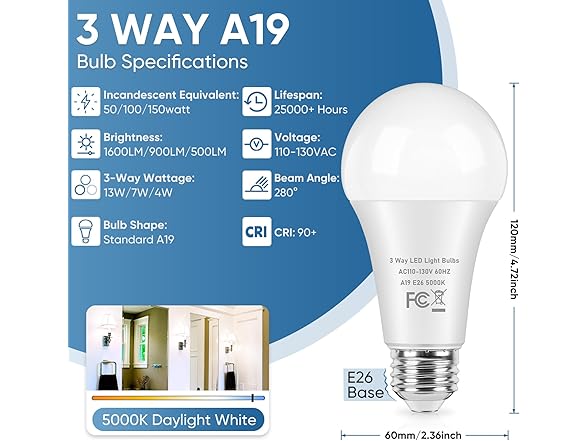 3 Way Light Bulbs 50/100/150W Equivalent Daylight White