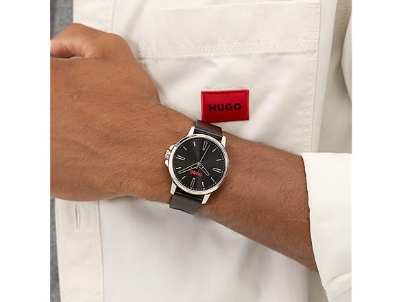 HUGO Mens Smooth Watch Black Leather Strap 41mm