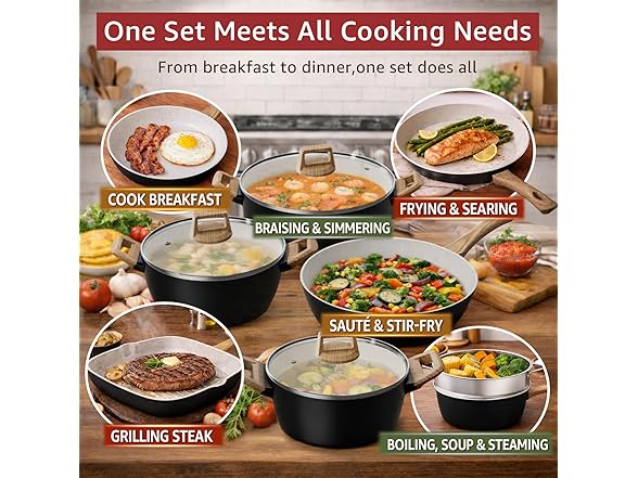 bazova 24Pcs Ceramic Cookware Set Black/White
