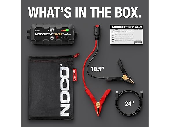 NOCO Boost GB20: 500A UltraSafe Jump Starter – 12V Lithium Battery Booster Pack, Portable Jump Box, Power Bank & Jumper Cables - for 4.0L Gas Engines (Open Box)