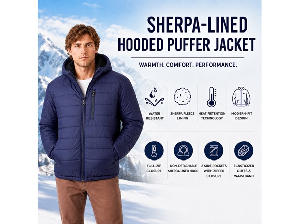 Mens Sherpa-Lined Hooded Puffer Jacket