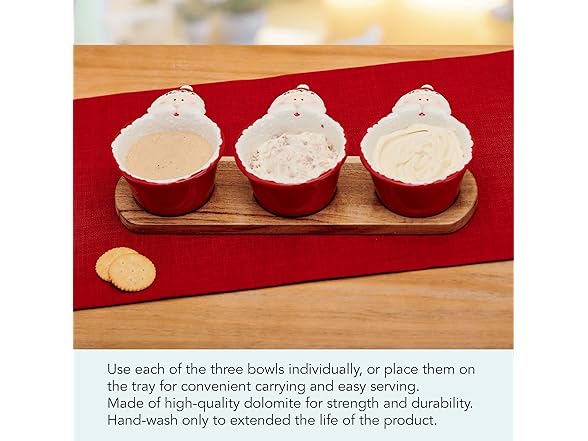 Pfaltzgraff Winterberry Santa Dip Bowls with Wood Base, Set Of 3