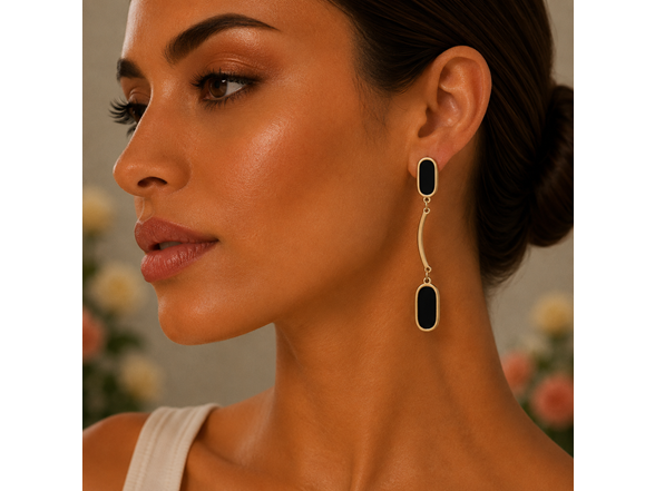 18K Gold Black Oval Drop Earrings