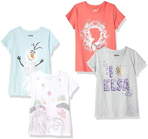 Amazon Essentials Disney | Marvel | Star Wars | Frozen | Princess Girls' Short-Sleeve T-Shirts, Pack of 4, Blue/Grey/White/Frozen Elsa & Olaf, Medium