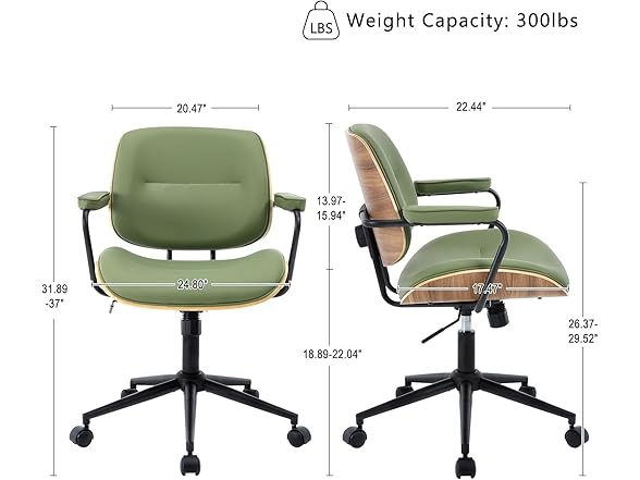 BV Mid Century Modern Office Chair Set of 1, Swivel Rolling Deak Chair with Armrests and Walnut Back, Adjustable Desk Chair for Home Office, Green (Open Box)