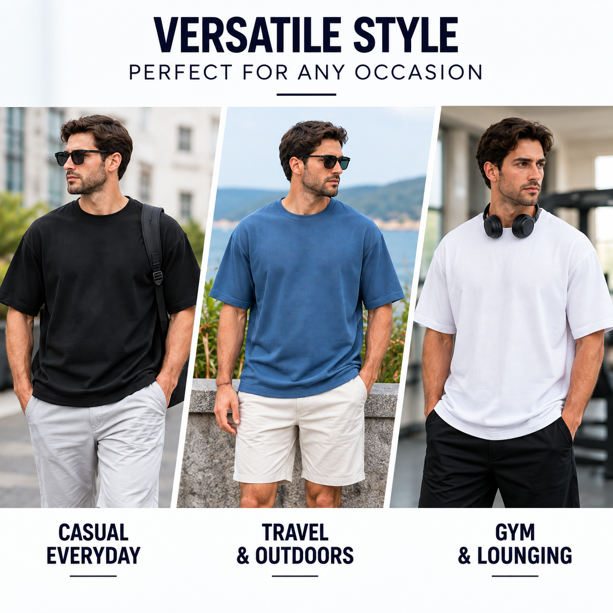 5Pk Mens Waffle Knit Drop Shoulder Tee - Gallery 24