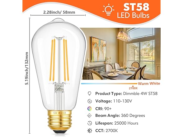 Dimmable Vintage LED Edison Bulbs, 4W 40W