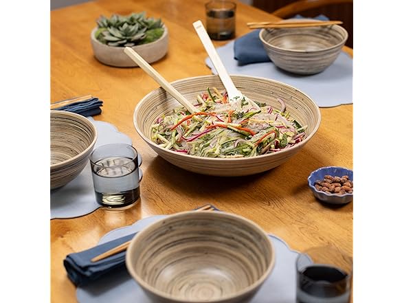 LEXA 6-Piece Handcrafted Bamboo Salad Bowl Set (Black)