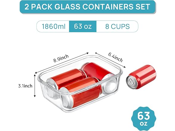 Vtopmart Pink 2 Pack 63oz Glass Containers W/ Lids