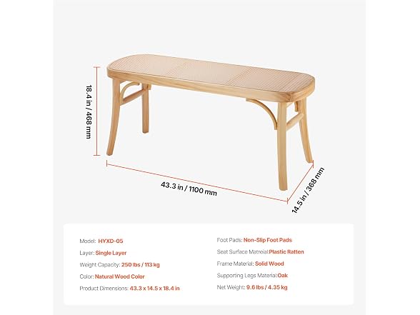 Rattan Bench, 43.3" Wooden Rattan Bench