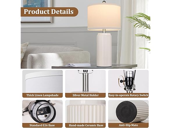 TOBUSA 2 Pack Modern Ceramic Table Lamps, Cream