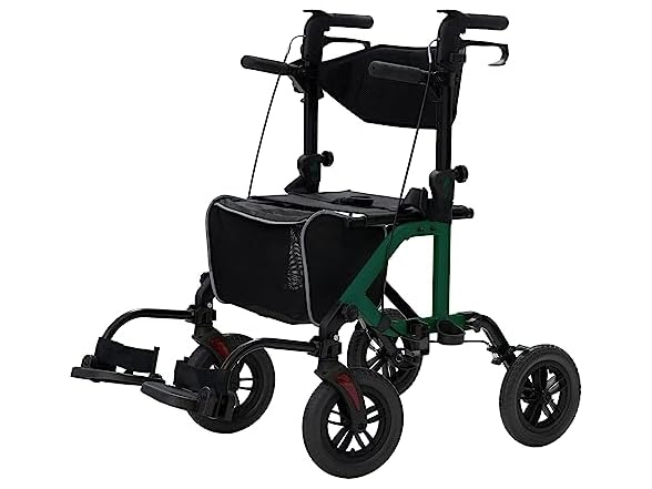 ELENKER All-Terrain 2 in 1 Rollator Walker & Transport Chair, Folding Wheelchair with 10” Non-Pneumatic Wheels for Seniors, Reversible Backrest & Detachable Footrests, Green (Open Box)