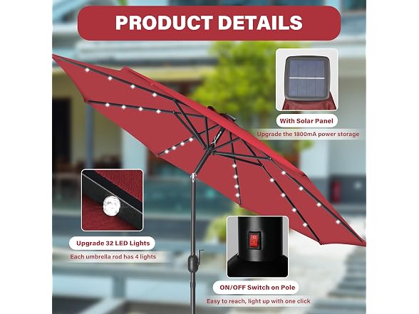 HealSmart 9' Solar Umbrella 32 LED, Red