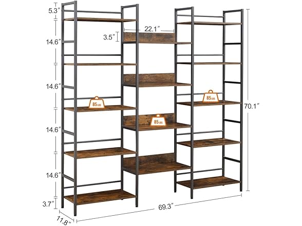 Tzou 5-Tier Rustic Brown Bookshelf